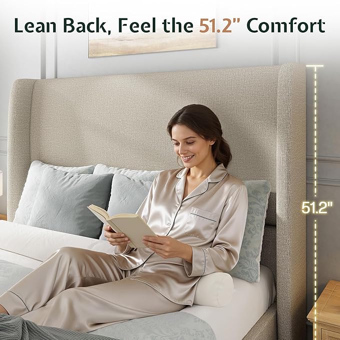 Jocisland Full Bed Frame 51.2" Wingback Headboard Linen Upholstered Platform Bed,Solid Wood Legs & Wooden Slats,No Box Spring Needed,Noise-Free,for Teen Room Small Bedroom Cozy Home,Brown