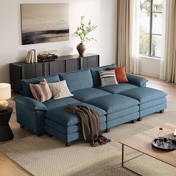 LINSY HOME 123" Modular Sectional Sofa, 3-Seat Corduroy Modern Cloud Couch with Deep Seat & 3 Movable Ottoman, Perfect for Living Room, Office, Bedroom, Blue
