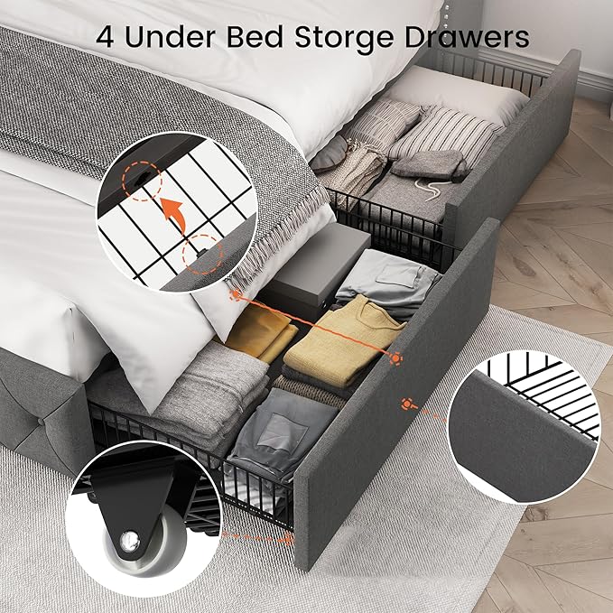 LARMACE Upholstered King Size Bed Frame with 4 Storage Drawers and 47.2" Tall Wingback Headboard Tufted Platform Bed Frame Linen Beds with Wooden Slats Support, Easy Assembly, Light Grey