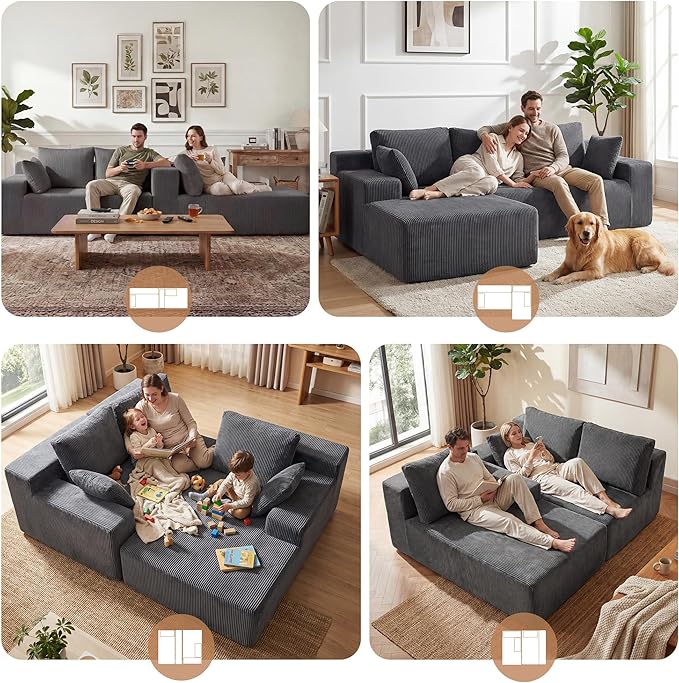 GRUSIGN Cloud Sectional Boneless Couches for Living Room, Modular L Shaped Couch with Deep Seat Oversized Left Facing Chaise, Memory Foam Compressed Spineless 3 Seater Sofa for Apartment, Grey