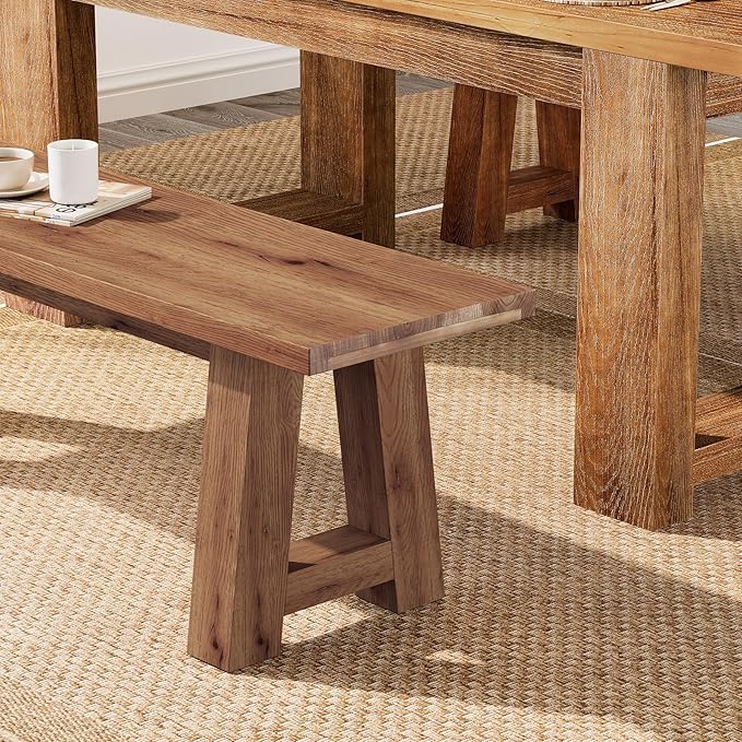 Solid Wood Dining Bench Pair of 2, 55.12-Inch Farmhouse Entryway Bench Indoor for Hallway, Kitchen, Dining Room, Living Room (Brown)