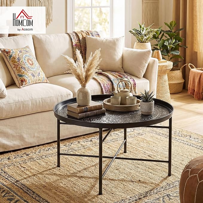 HOMCOM 24" Round Coffee Table with Hammered Tray Top, Vintage Metal Center Table for Living Room, Bedroom, Side Table, Black