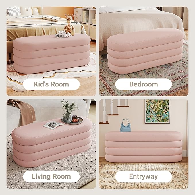 Busaurus Storage Ottoman Bench 49.2 Inch Upholstered Fabric Storage Bench for Bedroom End of Bed Aesthetic Large Oval Ottoman for Living Room Entryway (Pink)