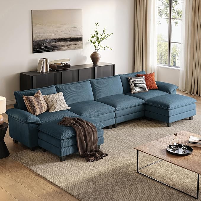 LINSY HOME 157" Modular U-Shaped Sectional Sofa, 4-Seat Corduroy Modern Cloud Couch with Deep Seat & 2 Movable Ottoman, Perfect for Living Room, Office, Bedroom, Blue