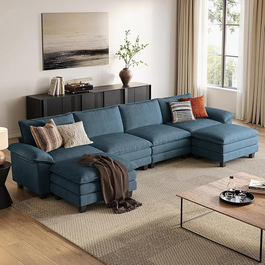 LINSY HOME 157" Modular U-Shaped Sectional Sofa, 4-Seat Corduroy Modern Cloud Couch with Deep Seat & 2 Movable Ottoman, Perfect for Living Room, Office, Bedroom, Blue