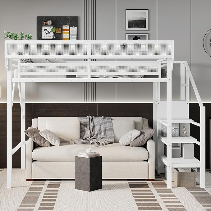 KEIKI Twin XL Size Metal Loft Bed Frame with Convertible Staircase, Built-in Storage Shelves & Wardrobe, Loft Bed with Solid Slat & Guardrail, No Box Spring Required, Easy Assembly, for Bedroom, White