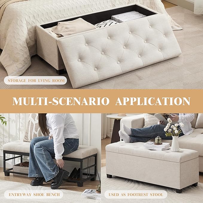 Mangodan 43 Inch Linen Storage Ottoman Bench, Foot Rest with Legs, End of Bed Bench, Storage Chest, Load up to 660 Lb, Ottoman with Storage Bench for Living Room, Bedroom, Entryway (Light Beige)