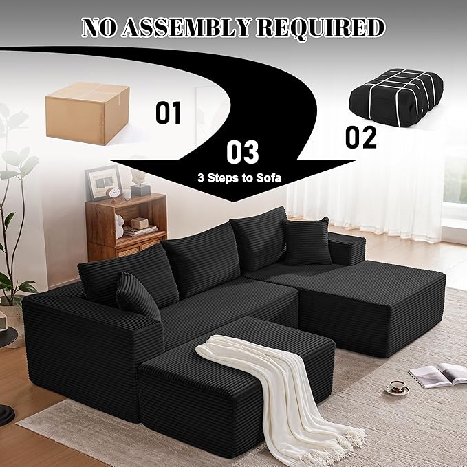 Mangodan 110” Cloud Sectional Couch, Boneless Sofa for Living Room, Modular Sectional Sofa with Deep Seat, Comfy Fluffy U-Shaped Couch with Right-Facing Chaise, No Assembly Required, Black