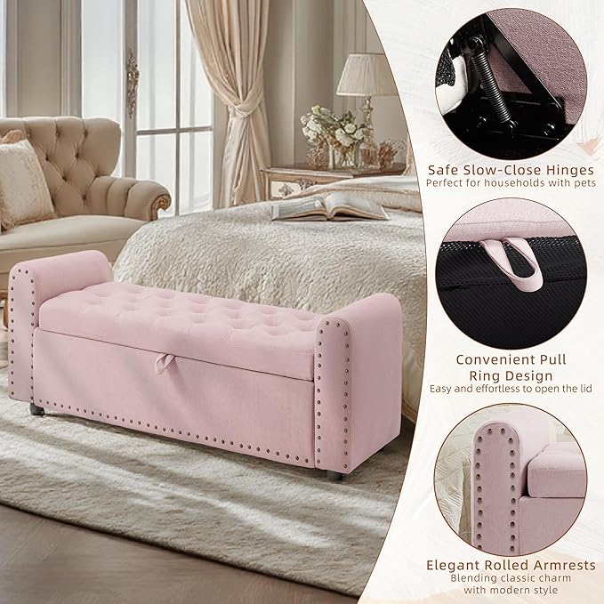 48" Ottoman with Storage, Tufted Storage Ottoman Bench, Convenient Living Room Fabrics Bench Seat, Entryway Shoe Benches with Inner Zipper & Arm, Upholstered Window Seat Ottomans with Rivets,Pink