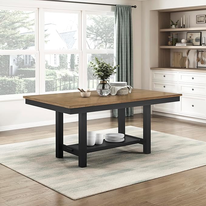 Lexicon 65" Modern Rectangle Dining Table for 6 - Solid Wood Frame, Acacia Veneer Rectangular Kitchen Table with Storage Shelf, Kitchen/Dining Room, Assembly Required, Brown Top and Black Wood Base