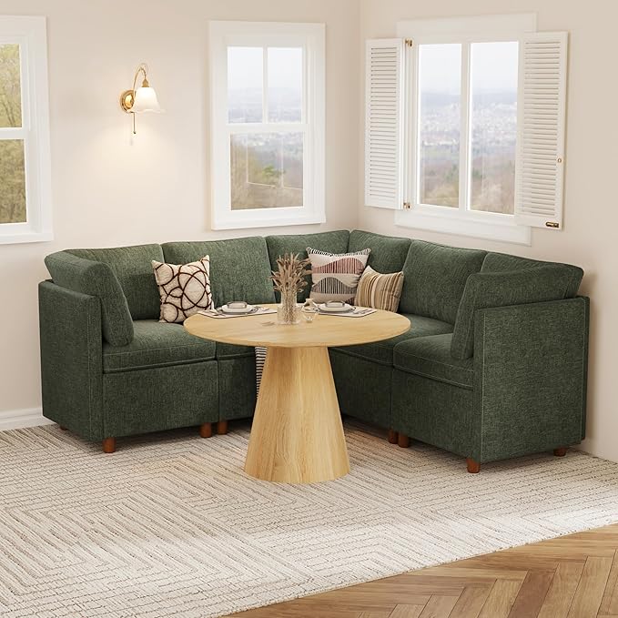 SITJOY Breakfast Nook Bench with Storage, Modular Corner Kitchen Banquette Seating, Dining Settee Couch, Upholstered Dining Bench with Back, Soft-to-Touch Fabric in Green, 5-Seat L Shaped Booth