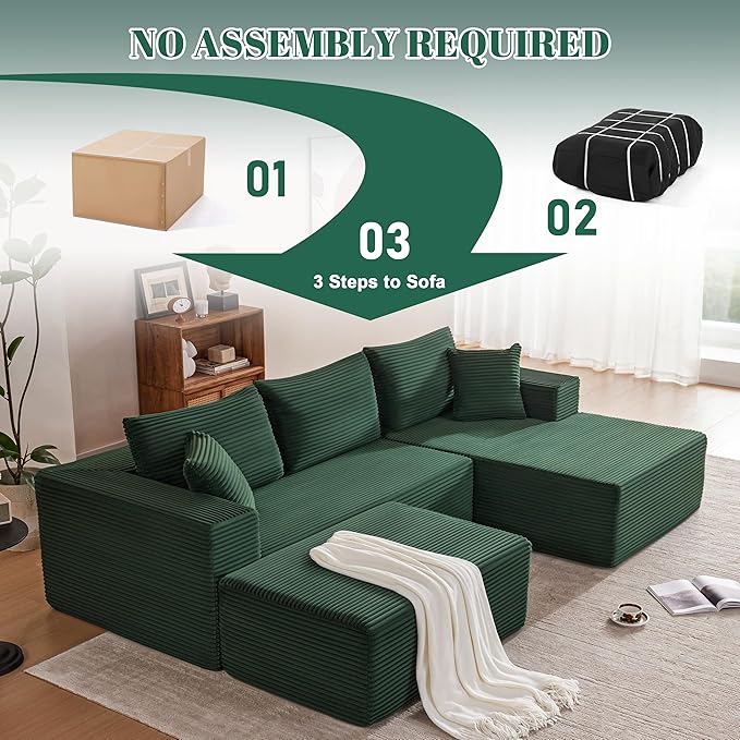 Mangodan 110” Cloud Sectional Couch, Boneless Sofa for Living Room, Modular Sectional Sofa with Deep Seat, Comfy Fluffy U-Shaped Couch with Right-Facing Chaise, No Assembly Required, Green
