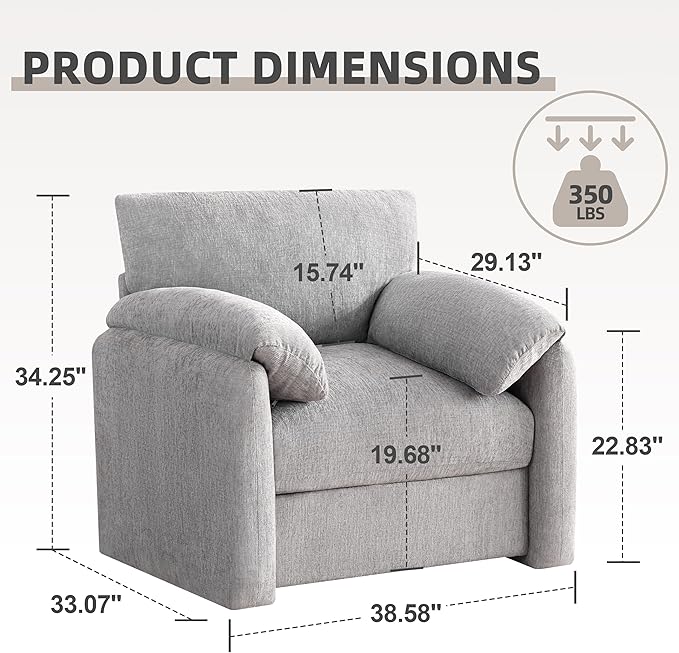 Howjoe Chenille Oversized Armchair, 38.6'" Wide Accent Chairs for Living Room & Bedroom Modern Lounge Chair, Upholstered Mid-Century Reading Chair (LightGrey, 1 Pack)