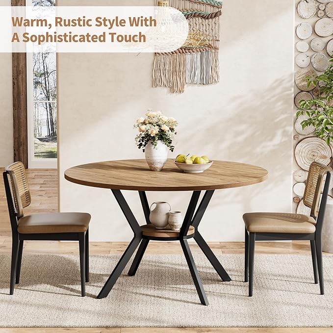 MECHYIN 42 Inch Round Dining Table for 2–4, Farmhouse Round Kitchen Table with Storage Shelf, Pedestal Dining Table, Wood Top & Metal Base, Small Space Table for Apartment, Dining Room
