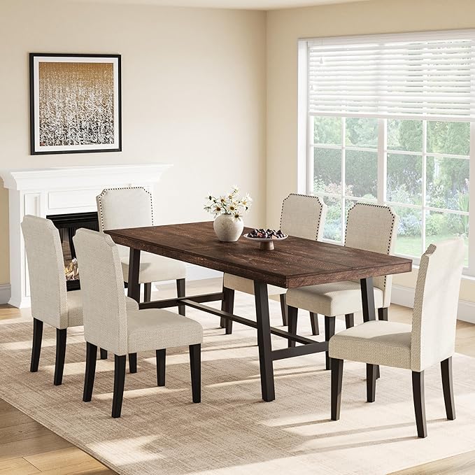 GarveeHome Industrial Dining Table for 6-8 People, 78.7" Long Kitchen Table with Sturdy Metal Frame, Rectangular Counter for Dinner, Kitchen, Dining Room (Rustic Birch, 79" Non-extendable)