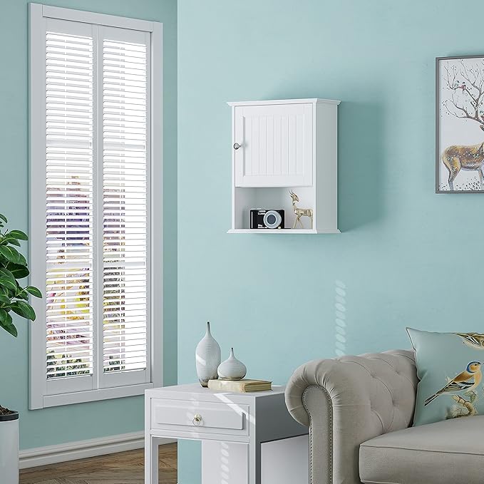 Spirich Bathroom Cabinet Wall Mounted with Single Door, Wood Hanging Cabinet with Adjustable Shelf White