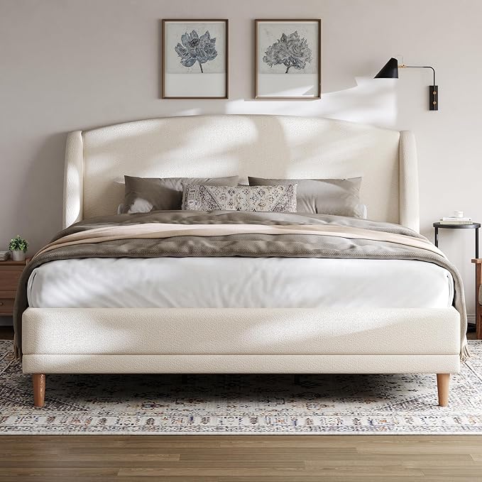 Christopher Knight Home Hazel King Size Bed Frame, Upholstered Platform Bed, Soft Boucle Wingback Headboard, Wood Bed Support and Slats, Curved-Shaped Headboard King Beds for Adult, 45.60" H White