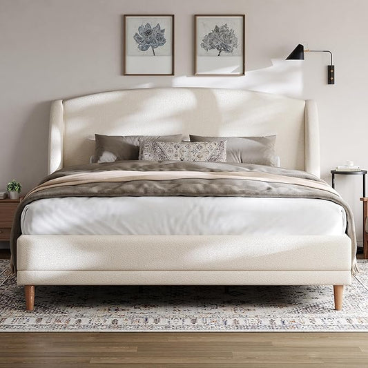 Christopher Knight Home Hazel King Size Bed Frame, Upholstered Platform Bed, Soft Boucle Wingback Headboard, Wood Bed Support and Slats, Curved-Shaped Headboard King Beds for Adult, 45.60" H White