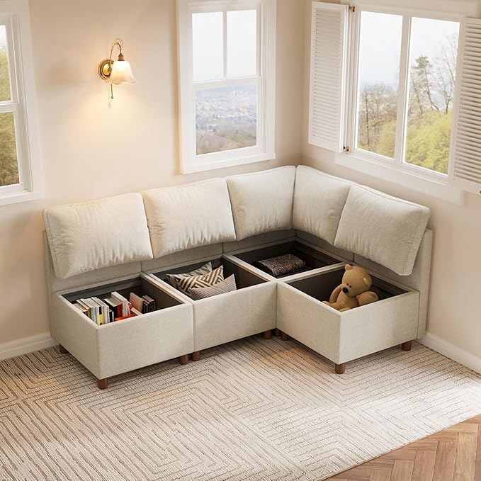 SITJOY Breakfast Nook Bench with Storage, Modular Corner Kitchen Banquette Seating, Dining Settee Couch, Upholstered Dining Bench with Back, Soft-to-Touch Fabric in Beige, 4-Seat L Shaped Nook