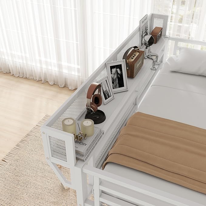 KEIKI Full Size Metal Loft Bed Frame with Desk, Staircase, Built-in Storage Shelves and Wardrobe, Modern Loft Bed with Solid Slats, Guardrail, No Box Spring Required, Easy Assembly, for Bedroom, White