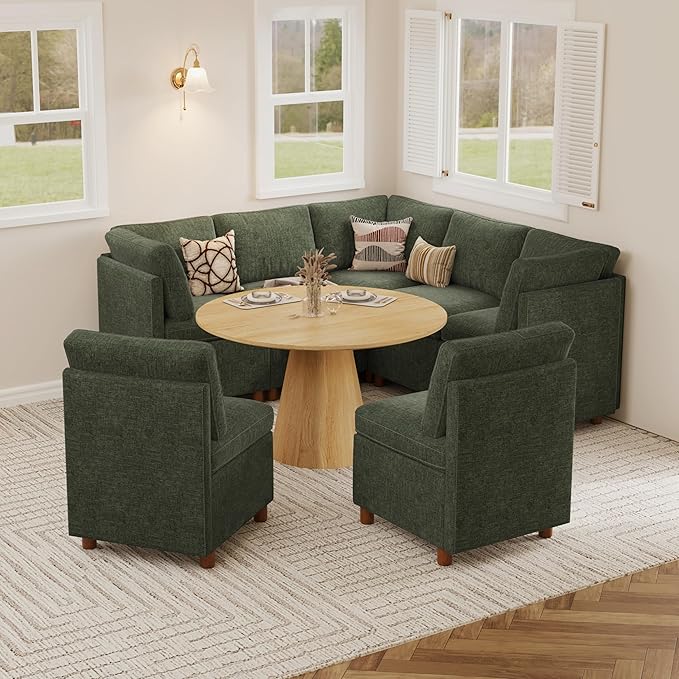 SITJOY Breakfast Nook Bench with Storage, Modular Corner Kitchen Banquette Seating, Dining Settee Couch, Upholstered Dining Bench with Back, Soft-to-Touch Fabric in Green, 7-Seat L Shaped Booth