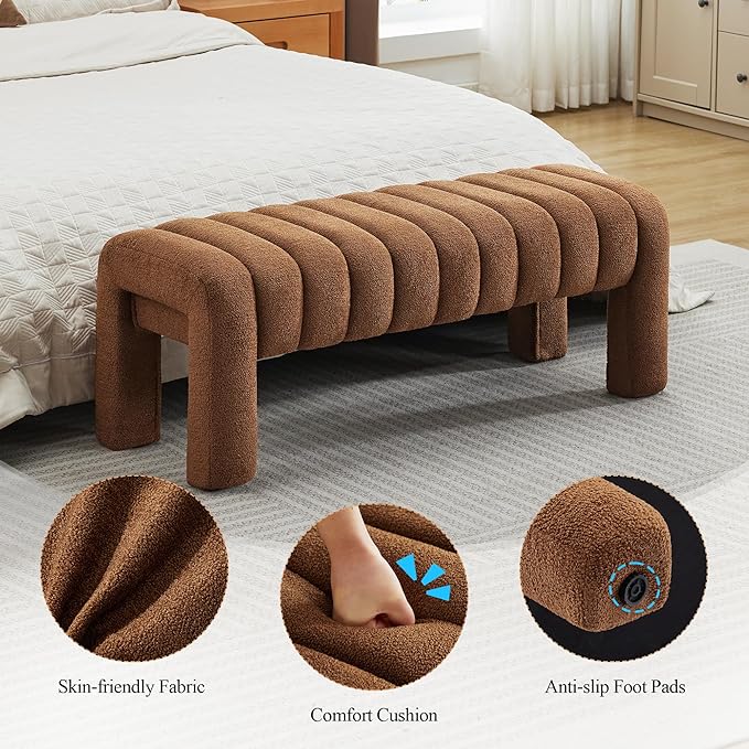 43’’ Bedroom Bench, Upholstered End of Bed Bench with Solid Wood Legs, Modern Small Dining Bench with Full Covered Fabrics for Entryway, Bedroom, Living Room (Rust Brown, Boucle)