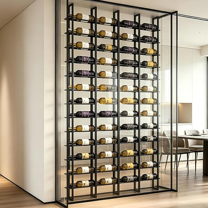 Large Wall Mount Wine Rack, 16 Tier 64 Bottle Wine Storage Organizer Display Holder, Metal Liquor Display for Wine Cellars, Home Bars, Kitchens, and Dining Rooms (Black, 64 Bottles)