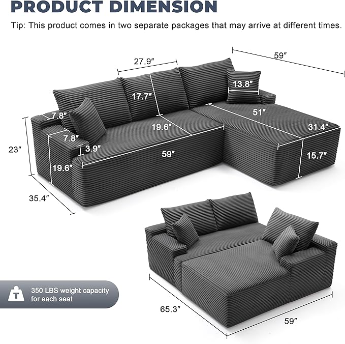Mangodan Cloud Sectional Sofa, Boneless Couch for Living Room, Modular Sectional Sofa with Deep Seat, Fluffy L-Shaped Comfy Couch with Right-Facing Chaise, No Assembly Required, Grey