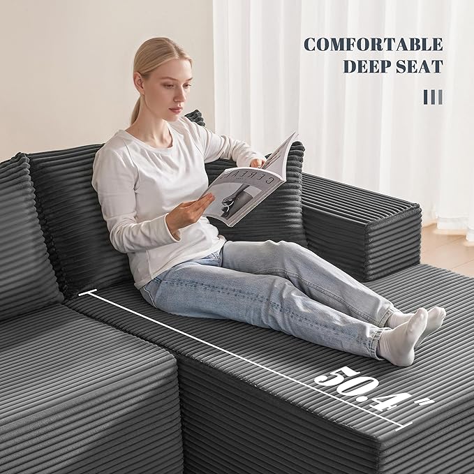Mangodan 110” Cloud Sectional Couch, Boneless Sofa for Living Room, Modular Sectional Sofa with Deep Seat, Comfy Fluffy U-Shaped Couch with Right-Facing Chaise, No Assembly Required, Grey