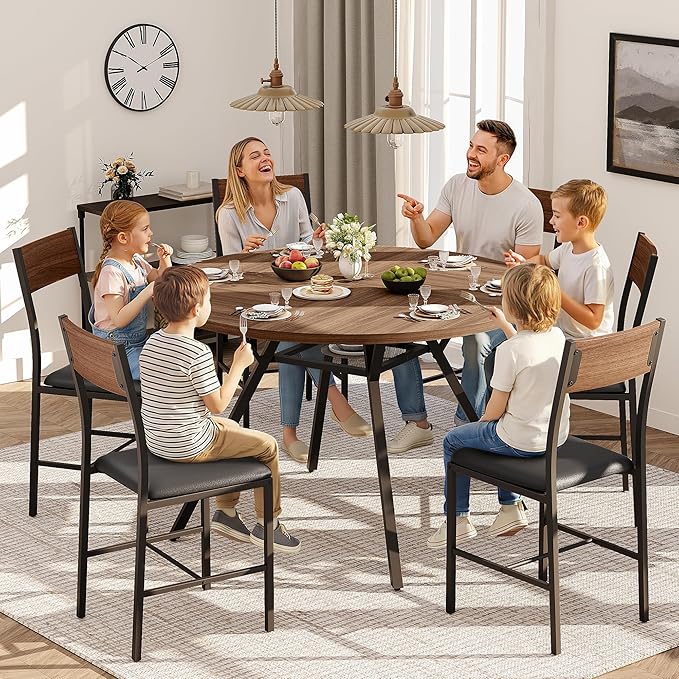 Pamapic 47'' Round Dining Table Set for 6, Kitchen Table and Chairs for 6, Dining Room Circle Dinner Pedestal Table, Solid Metal Frame,Space Saving Wood Small Kitchen & Dining Room Furniture,Walnut