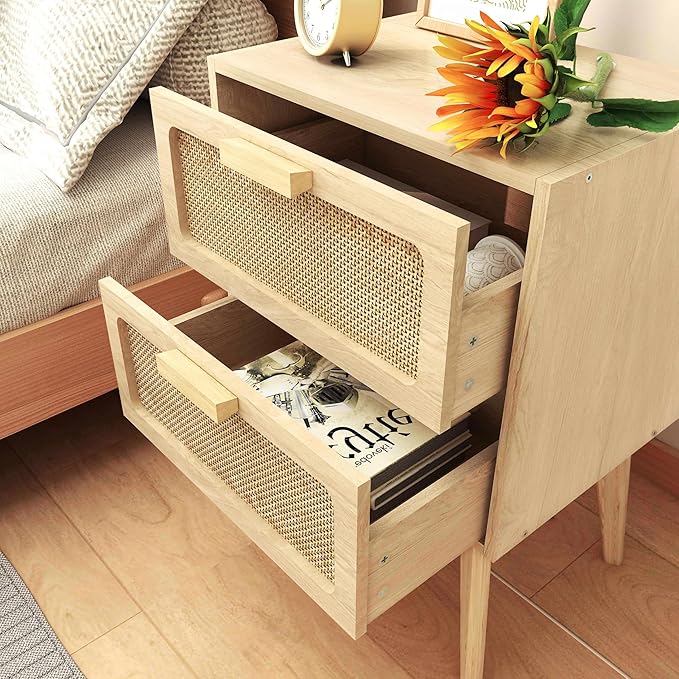YAUKOMEL Rattan Nightstand, Wood End Table, Side Table with 2 Hand Made Rattan Decorated Drawers,Boho Bedside Table,Wood Accent Table with Storage for Livingroom, Bedroom, Natural CTG59Y