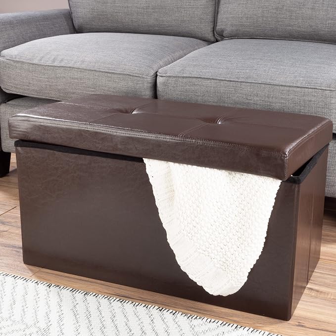 Storage Ottoman - 30-Inch Folding Faux Leather Footrest, Linen Chest, or Bench with Removable Bin for Living Room or Bedroom by Lavish Home (Brown)