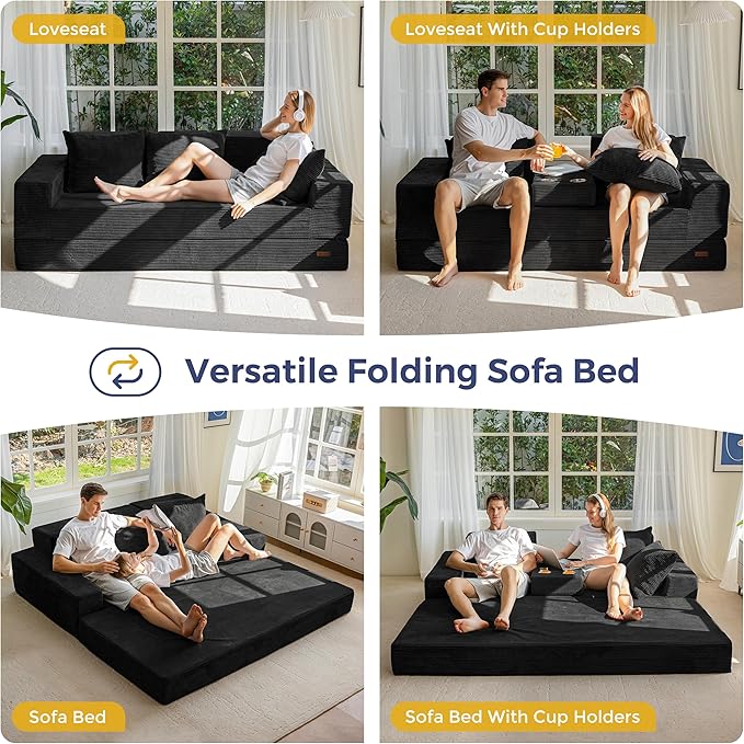 MAXYOYO Convertible Sofa Bed, 80" Oversized Boneless Loveseat Couch 4 in 1 Foldable Floor Sofa Couch in A Box with 2 Cup Holders, Folding Sleeper Chair for Living Room, No Assembly Required, Black