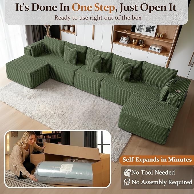 168" Cloud Sectional Couch, Comfort U Shaped Sofa for Living Room, Extra Deep Seats No Assembly, Minimalist Modular Couch, Corduroy (Olive Green, 7 Seats,U-Shape A)