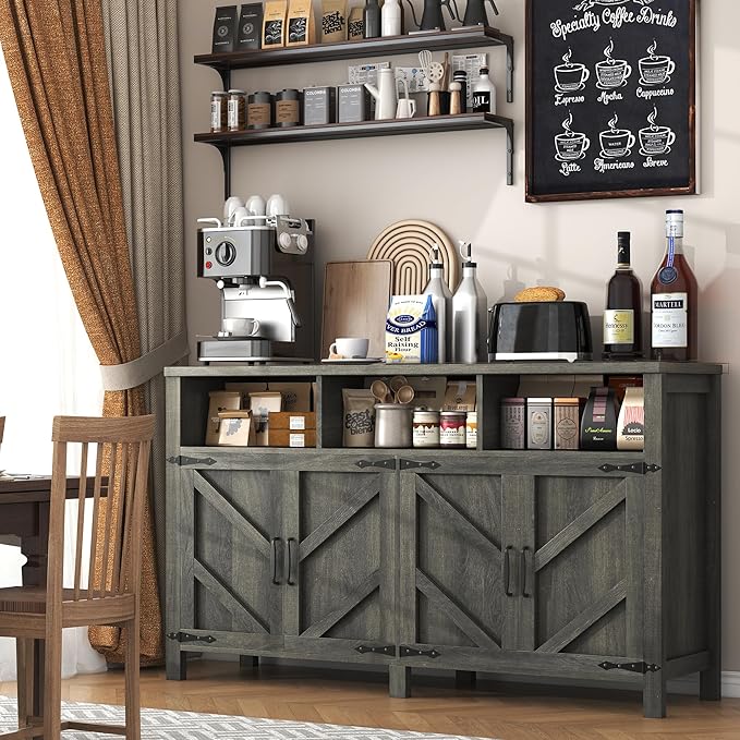 knoworld Buffet Sideboard with Storage Farmhouse with 4 Doors, 55'' Large Kitchen Storage Cabinet Wood Coffee Bar Cabinet Buffet Table with Shelves for Kitchen, Dining Room, Entryway (Gray, 55in)