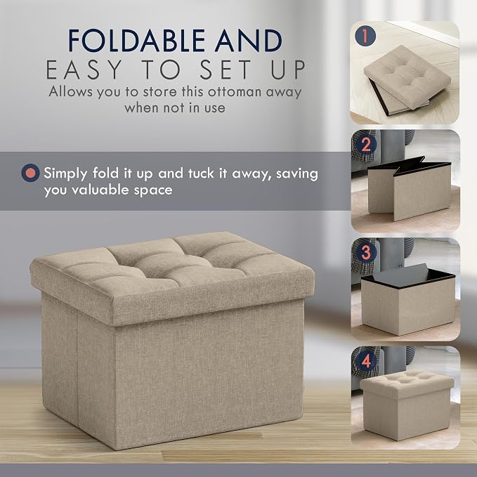 Ornavo Home Small Storage Ottoman Foldable Collapsible Rectangle Linen Ottoman Foot Rest Stool Seat, for Living Room, Bedroom, Home Office, Dorm - 12 x 16 x 12, Taupe