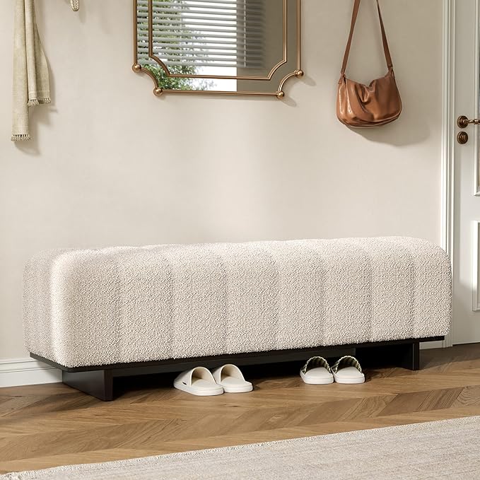 Christopher Knight Home Lamie Faux Fur Upholstered Dining Bench, Wooden Entryway Bench, Long Sofa Footstool for Living Room, Bedroom End of Bed Bench, Beige+Black