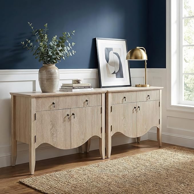 FUSUNBAO Retro Buffet Cabinet with Storage, Fluted Sideboard Credenza with Drawer, Accent Bar Cabinet for Living Room Furniture, Coffee Bar or Entryway, Dining Room (Oak, 40Inch)