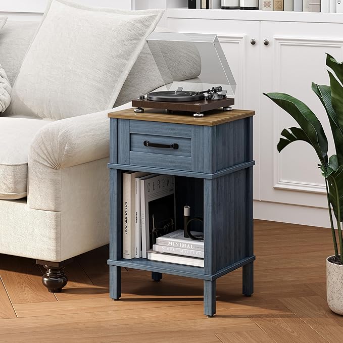 Small Farmhouse Nightstand, Wood Night Stand Set, End Table with Drawer, Small Rustic Wooden Bedside Table, Bed Side Table for Bedroom, Blue end Table with Storage for Bedroom LET512LR