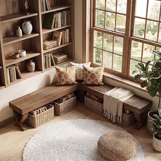 L Shaped Solid Wood Corner Bench, 55-Inch Farmhouse Table Bench with X-Shaped Leg, Backless Entryway Shoe Bench, for Dining Room, Hallway, Rustic Brown