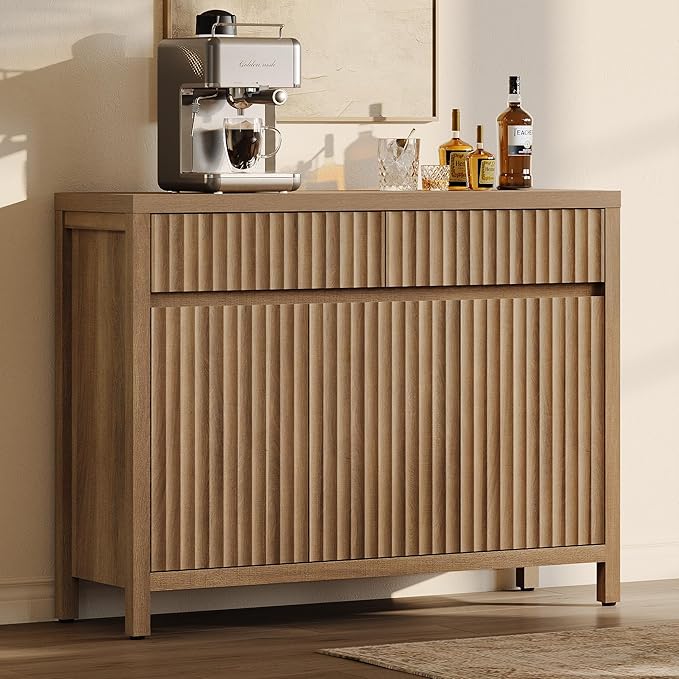 SICOTAS Fluted Sideboard Buffet Cabinet with Storage – 42" Credenza Accent Cabinet with 2 Drawers and 3 Doors, Modern Entryway Cabinet Console with Adjustable Shelves for Living Room, Kitchen