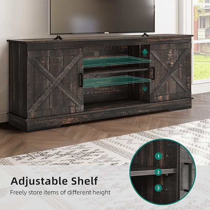 YITAHOME Farmhouse TV Stand for 65 Inch TV, Mid Century Modern Entertainment Center with Double Barn Doors, Rustic TV Media Console TV Cabinet for Living Room, Dark Oak