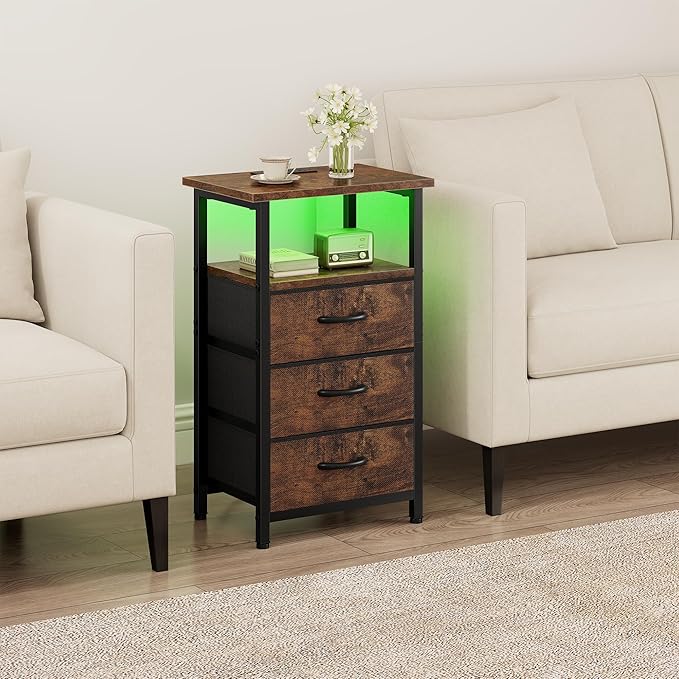 Vagusicc Night Stand with Charging Station, LED Nightstand for Bedroom, Bedside Table with 3 Fabric Drawers, End Table Side Table with USB Ports and Outlets, Bed Side Table for Bedroom, Rustic Brown
