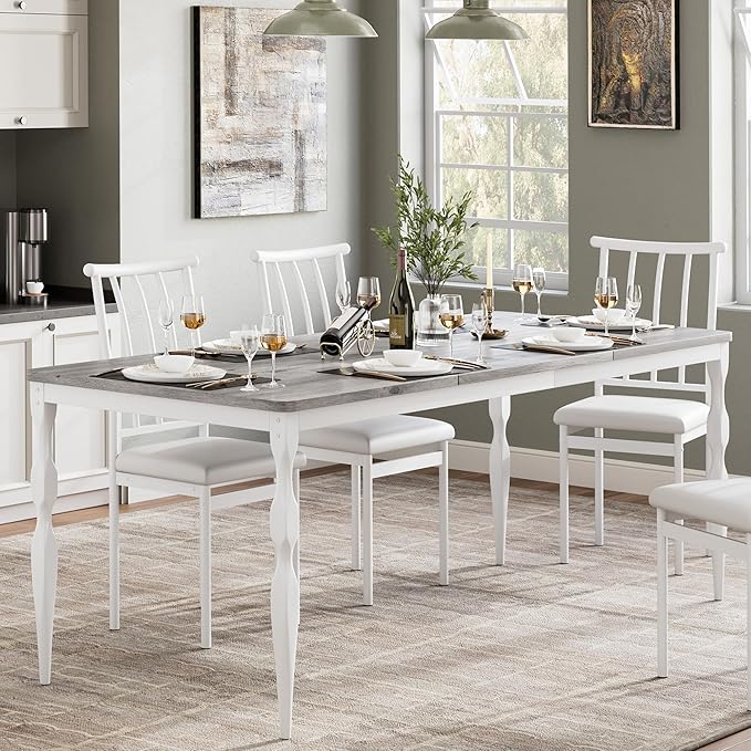 Garvee 79-Inch Modern Farmhouse Dining Table, Large Rectangular Kitchen Table for 6-8 People, Sturdy Wood Top with Unique Legs, Scratch-Resistant Dining Room Furniture for Party, Big Family, Grey