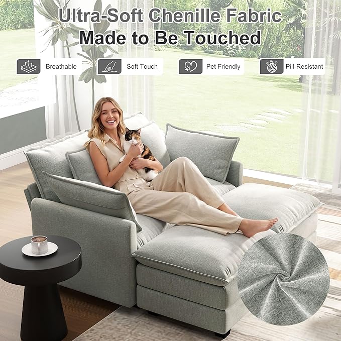 58" Cloud Couch Loveseat, Deep Seat Modular Sectional Sofa with 4 Removable Washable Pillows and 2 Ottoman for Living Room, Bedroom, Apartment, Light Grey