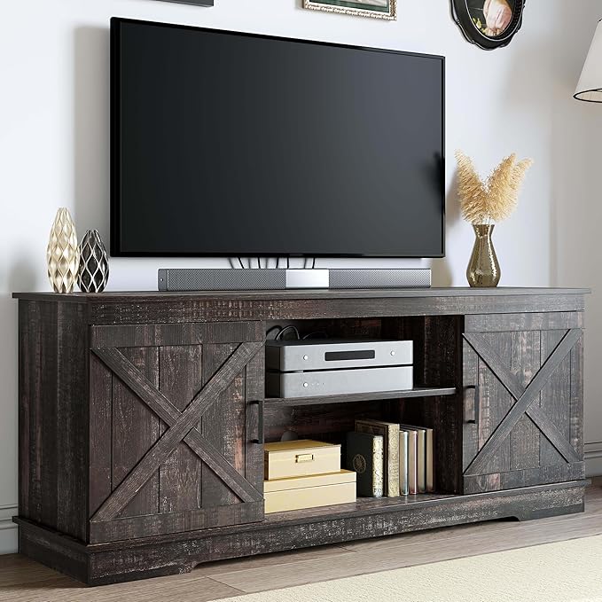 YITAHOME Farmhouse TV Stand for 65 Inch TV, Mid Century Modern Entertainment Center with Double Barn Doors, Rustic TV Media Console TV Cabinet for Living Room, Dark Oak