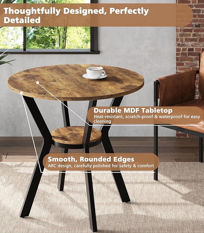 MECHYIN Round Kitchen Table for 2-4, Small Round Dining Table with Storage, Rustic Wood Circle Table with Metal Legs, Compact Dining Room Table for Kitchen, Cafe, Apartment and Small Space