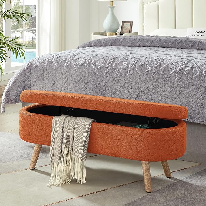 42.25" Ottoman with Storage, Storage Ottoman Bench with Safety Hinge, Foam End of Bed Bench, Upholstered Entryway Bench for Bedroom, Living Room & Window, Holds up to 330 lb, Orange