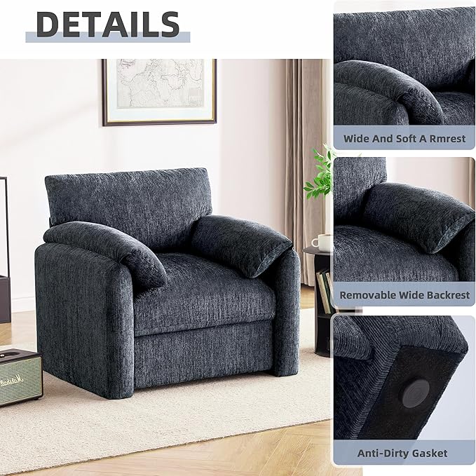 Howjoe Chenille Oversized Armchair, 38.6" Wide Accent Chairs for Living Room & Bedroom Modern Lounge Chair, Upholstered Mid-Century Reading Chair, Comfy Living Room Chair, Single Sofa Chair, Blue