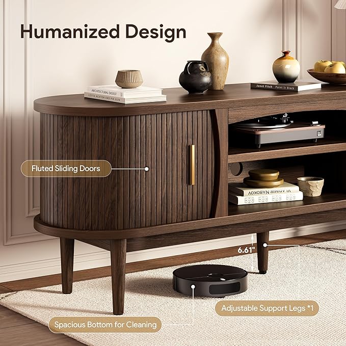 Decofy Mid Century TV Stand for TVs up to 70 Inches, Entertainment Center with Storage, Power Outlet, Fluted Sliding Doors & Adjustable Shelves, Modern Media TV Console Table for Living Room (Walnut)